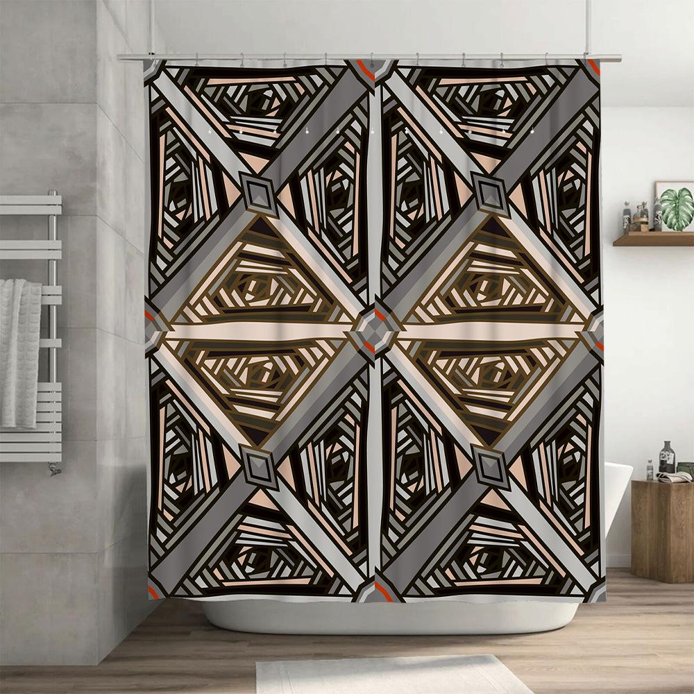Decorative Printed Shower Curtain Polyester Fabric Bathtub Cover For Bathroom Decor Geometric Design In Black, Brown Grey Colors