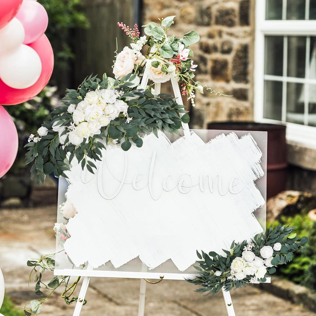 2 Pack Artificial Wedding Arch Flowers, 28”/20” Floral Swag Arrangement Set, Wedding Welcome Signs Floral Decorations Kit for Ceremony Reception,