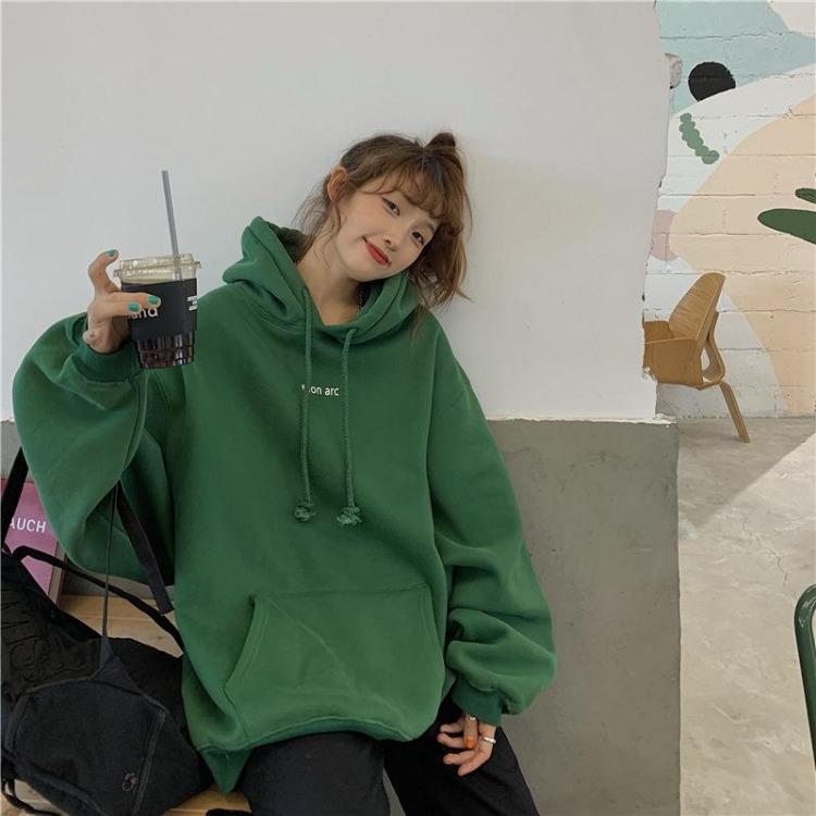 Autumn Winter Velvet Hooded Oversized Hoodie Women Loose Top Letter Print for Student Ladies