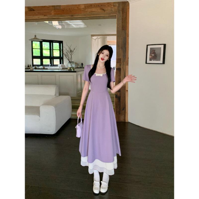 Plus Size Square Neck Elegant Tea Dress, Waist-Cinched, Summer Slimming Long Skirt