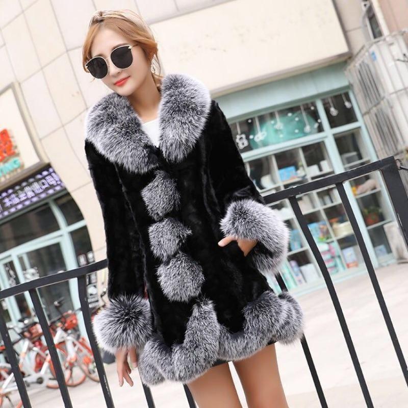 New Imitation Mink Coat Fur Coat Medium and Long Imitation Fox Fur Collar Women Winter Thickened Medium