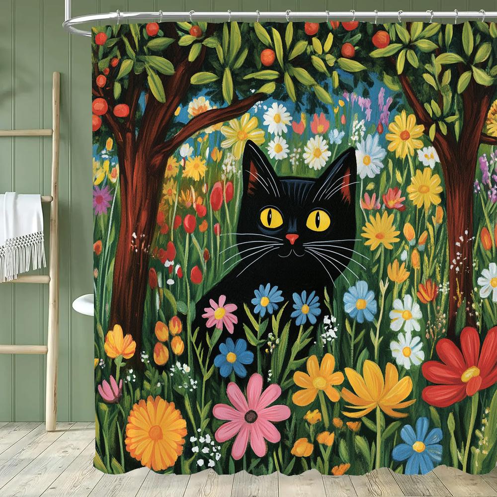 Cartoon Cat Shower Curtain, Bathroom Decorative Flowers Shower Curtains, Home Printed Polyester Fabric Curtain with Hooks