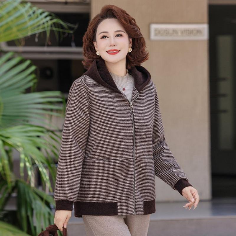 

Темпераментное осеннее пальто благородная клетка топ одежда для женщин среднего возраста осень и зима с капюшоном 5XL [Recommended 150-80 kg]