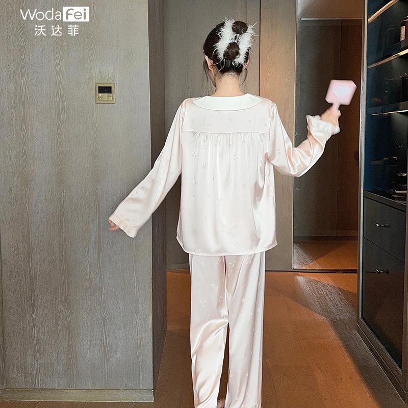Women's pajamas, youthful sweet jacquard ice silk long-sleeve and long pants loungewear set, cute ruffle collar pajamas, spring/autumn style