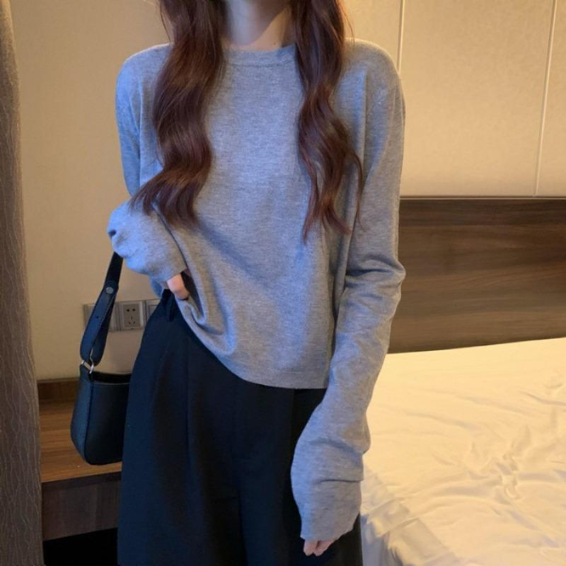Autumn Winter Round Neck Solid Color All-match Sweater Women Loose Casual Simple Knitting Pullover Top