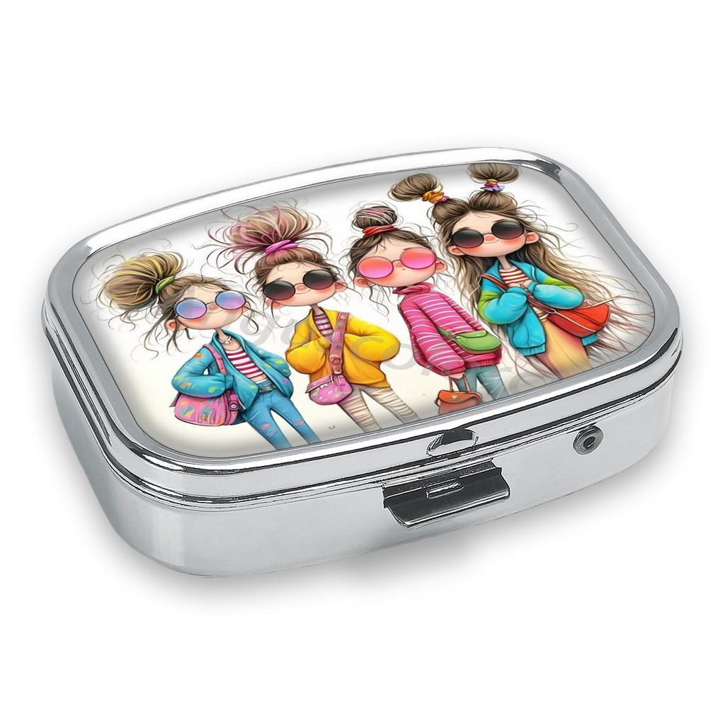 Portapillole Portatile con 2 Scomparti, Mini Custodia Organizer in Metallo per Medicine, Carino Contenitore Stampato per Pillole, Vitamine, Gioielli, Viaggio, Uso Quotidiano