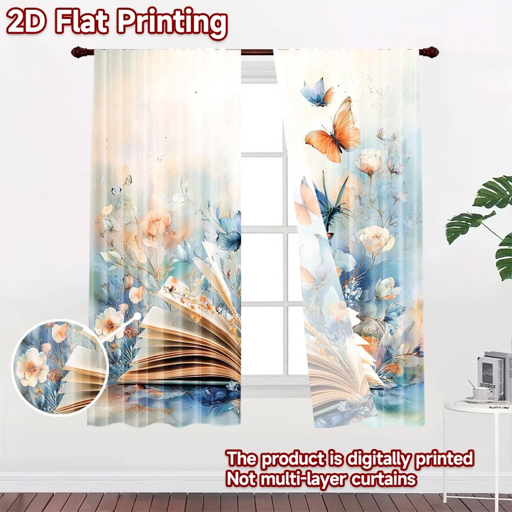 2D Flat Printing 2pcs Party Curtains Butterflies Book Nature Digital Printed Polyester Drapes Family Party Decoration Use for