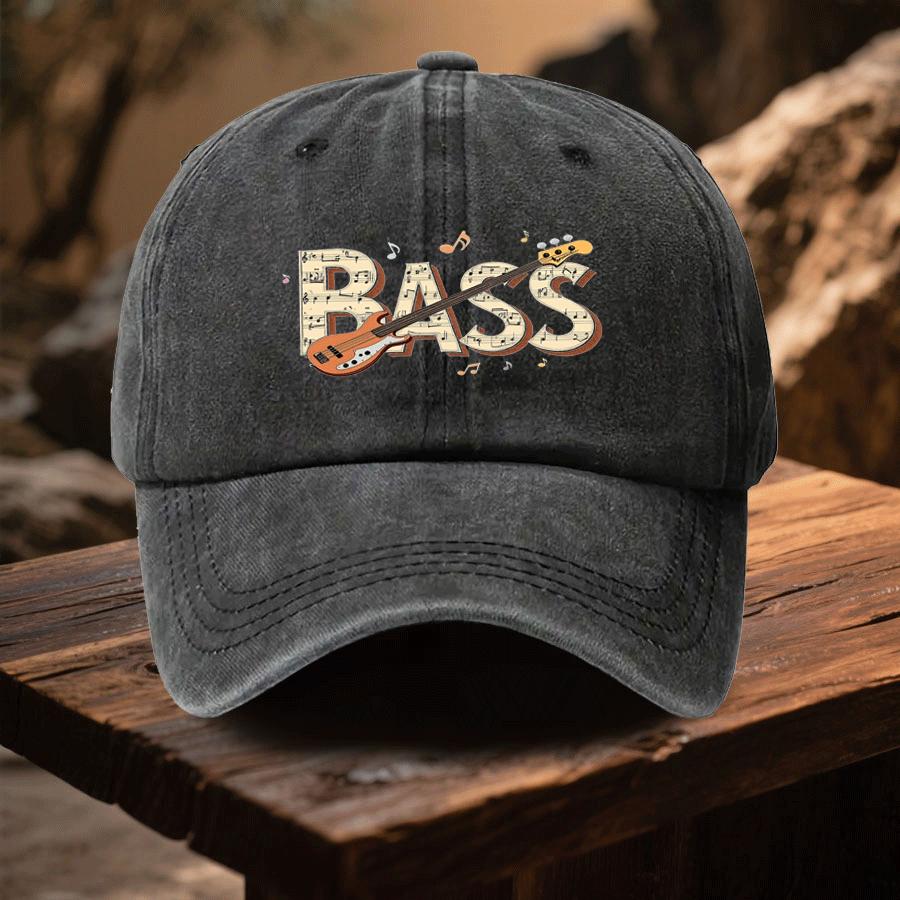 A Cap Featuring The Letters BASS with a Design That Incorporates Musical Notes Bass Guitars And Music Symbols This Stylish