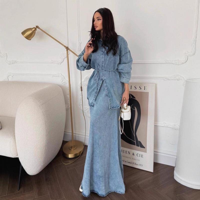 2025 Autumn European & American Women's Belted Cardigan Dress Set - Solid Color, Elegant & Gentle