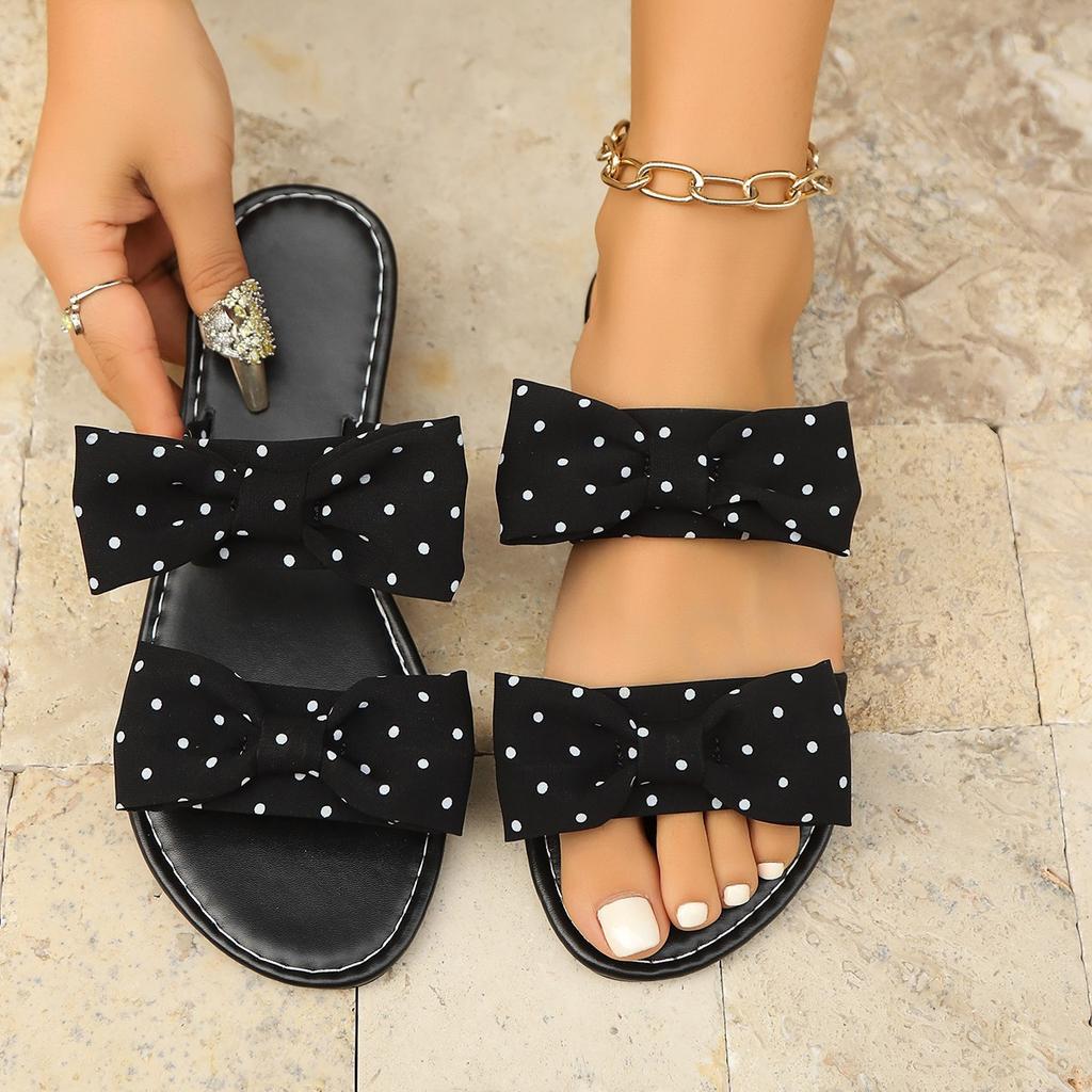 Women's Bow Flat Slide Sandals - Korean Style Summer Slippers for Outdoor, Wide Width Casual Beach Flip Flops with Non-Slip Sole