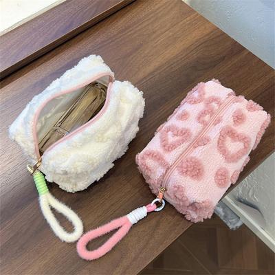 1pc, Plush Makeup Bags with Handle Soft Travel Cosmetic Storage Bag Portable Love Print Organizer Pencil Case Cute Clutch Pouch