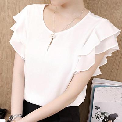 Sommer Kurzarm Oansatz Chiffon Bluse Shirt Frauen Tops J105