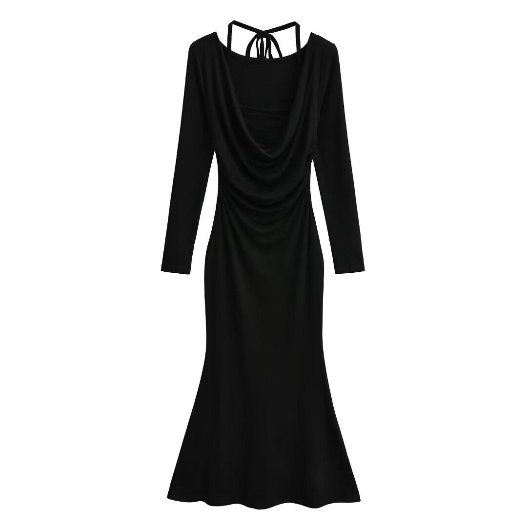 Trendy Women s Faux Two-Piece Halter Neck Tie Dress with Waist-Cinched Long Bodycon Skirt Small чёрный