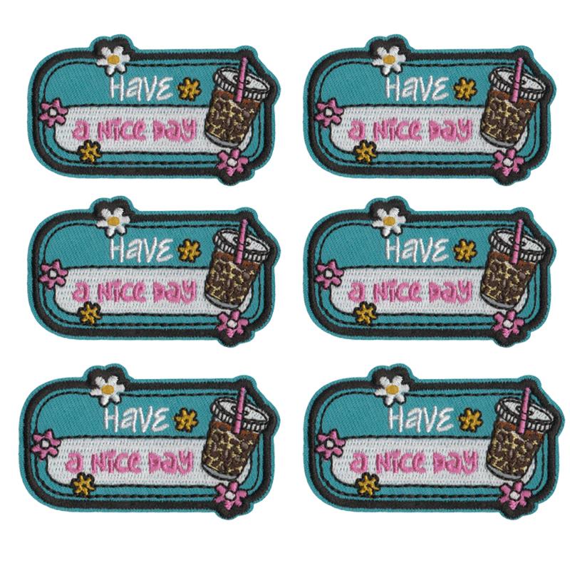 5pcs /Lots Cartoon Square Letter Slogan Embroidered Diy Have A Nice Day Patch Iron On Patches For Clothing Hats Embroidery Patch