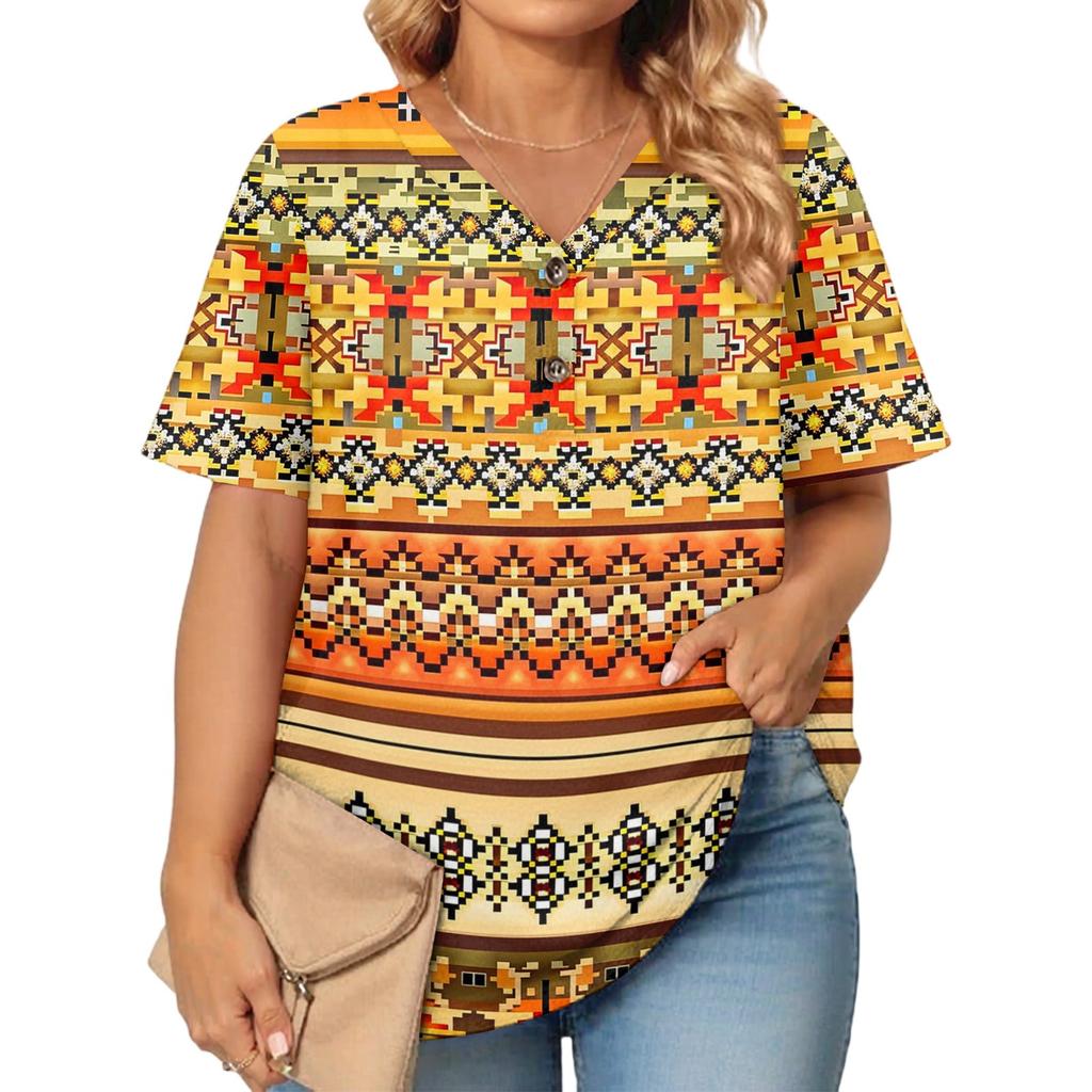 Women's Fashion Casual Printed V-Neck Short Sleeve Large Size T-Shirt Top