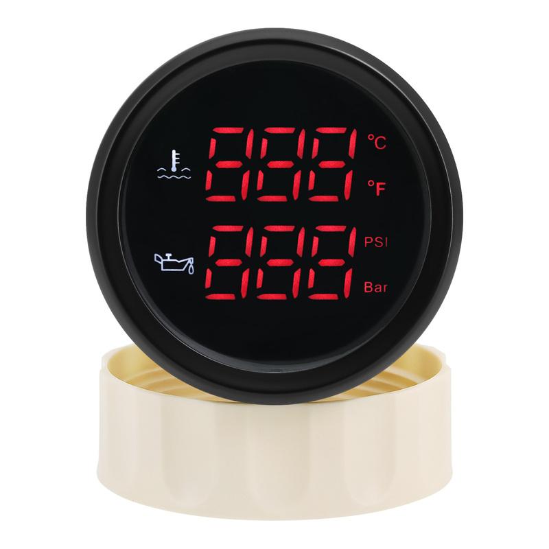 Red LED Digital 52mm Water Temperature+Oil Press Meter 10BAR 145PSI 2 IN 1 Dual Gauge with Flashing Alarm for Car Marine 12V 24V