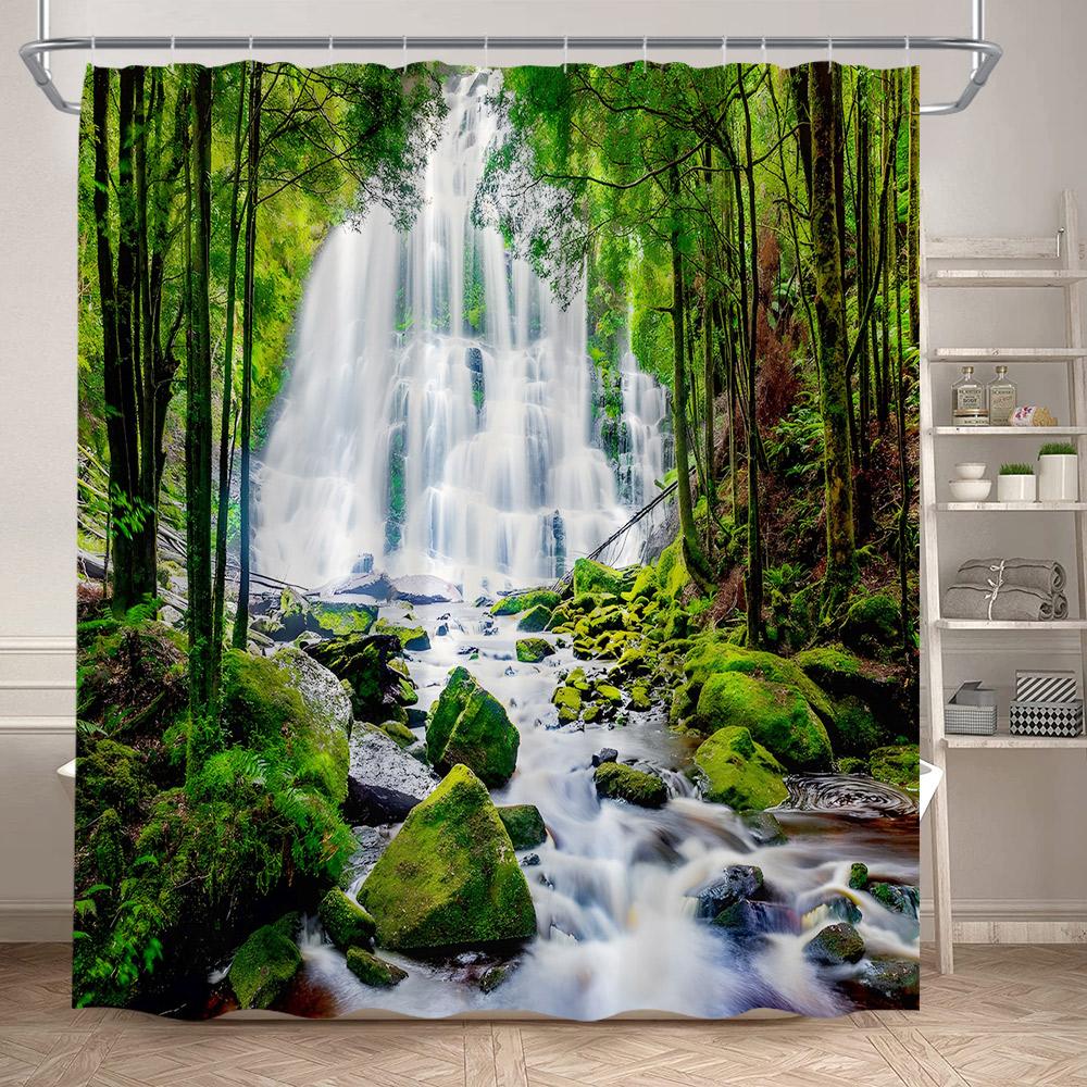 Forest Landscape Shower Curtains Tropical Jungle Palm Plants Waterfall Nature Scenery Fabric Bathroom Curtain Decor With Hooks