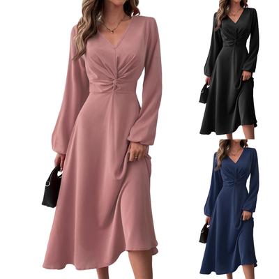 Vestido Feminino da Moda Casual Cor Sólida Decote V Torcido Manga Longa
