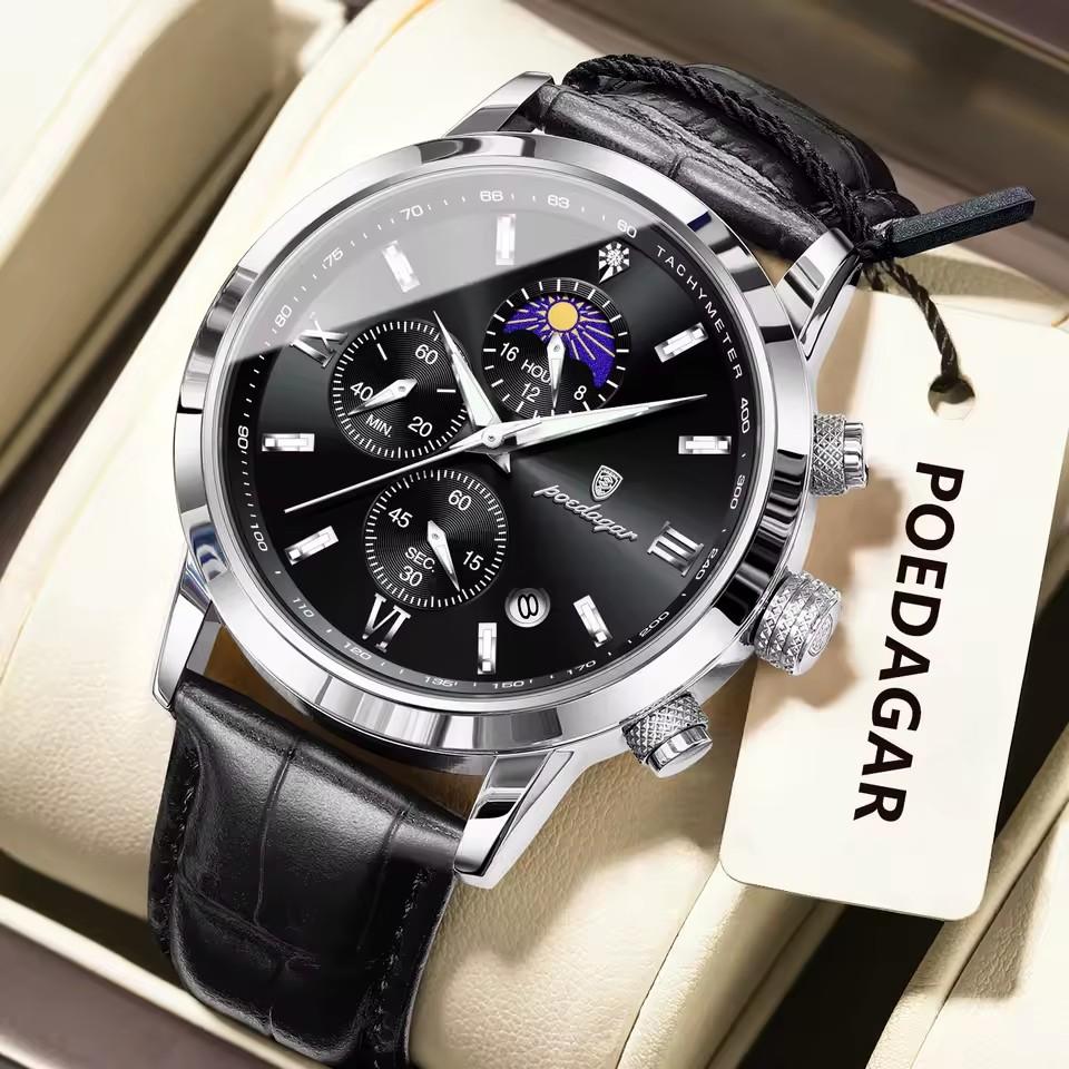 POEDAGAR Luxury Sports Watch for Men Waterproof Luminous Date Chronograph Wristwatch Leather Quartz Watches Reloj