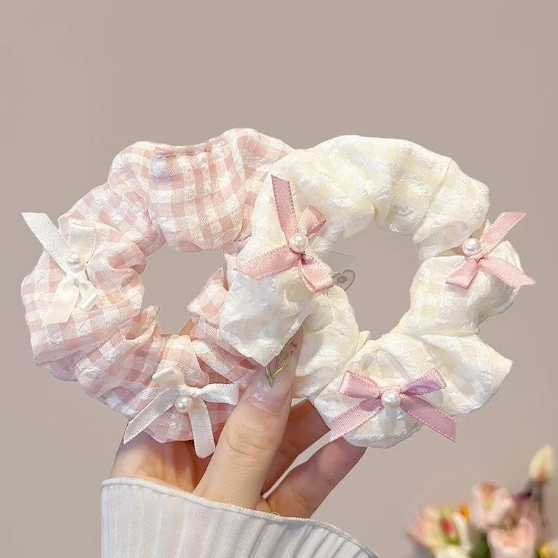 Pink Bow Sweet Satin Checkerboard Bow Hair Tie Women Ponytail Cute Hair Ring Fashion Hair Accessories