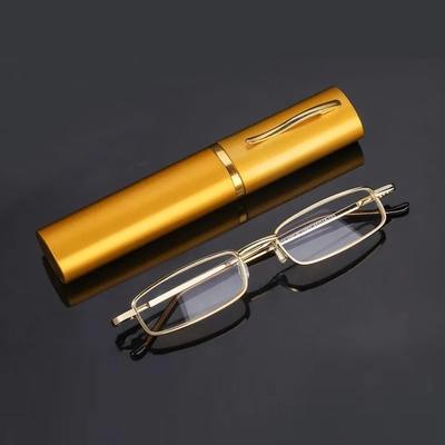 Unisex Lesebrille mit Stifthüllenetui Tragbare Alterssichtigkeitsbrille Metallhülle Federscharnier Brille Sehhilfe +125+175