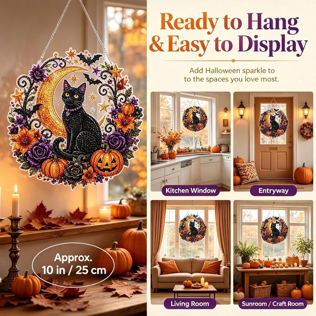 Halloween Black Cat Moon 5D Diamond Art Hanging Ornament Kit Double Sided