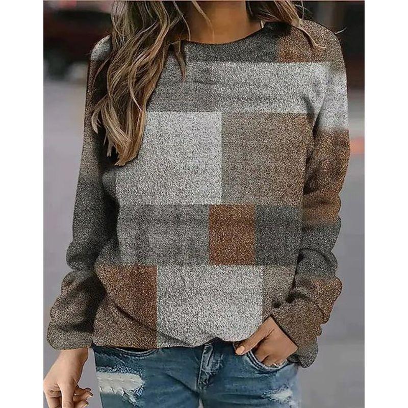 Plaid Printed Long Sleeve Round Neck Sweater Gingham Floral Print Long Sleeve Pullover