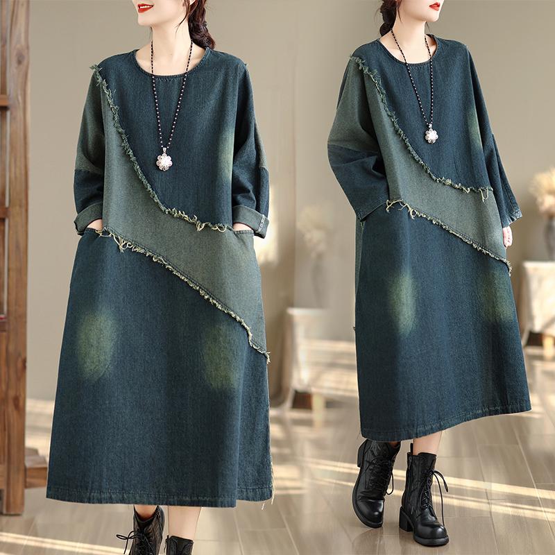 

DIMANAF 2026 Women Plus Size Denim Dress Vintage Lady Cottton Loose Casual Dresses Maxi Long Dress Blue 2XL синій