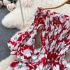 Floral Print Strapless Dress Women French Slash Neck Flare Sleeve Elastic Waist Lady Vacation Fashion Slm A Line Dress