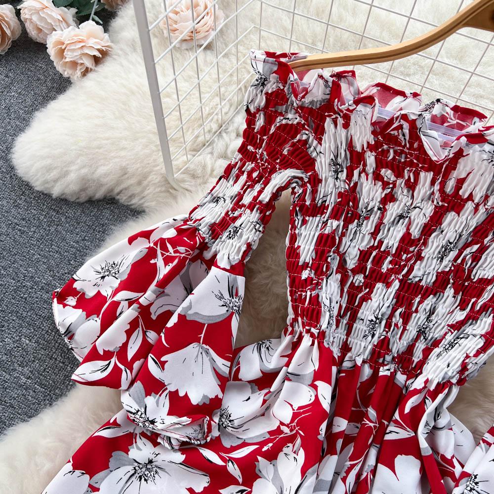 Floral Print Strapless Dress Women French Slash Neck Flare Sleeve Elastic Waist Lady Vacation Fashion Slm A Line Dress