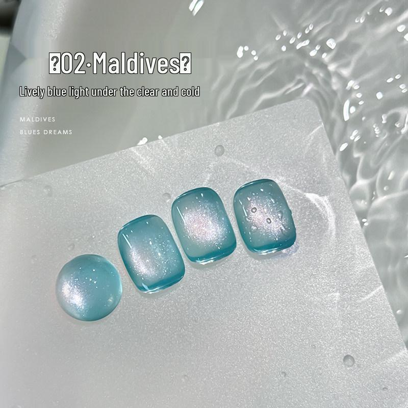 ROLITA Maldives Cat Eye Gel Polish Set - Super Sparkle Blue Pedicure Kit with Transparent Glass Beads.