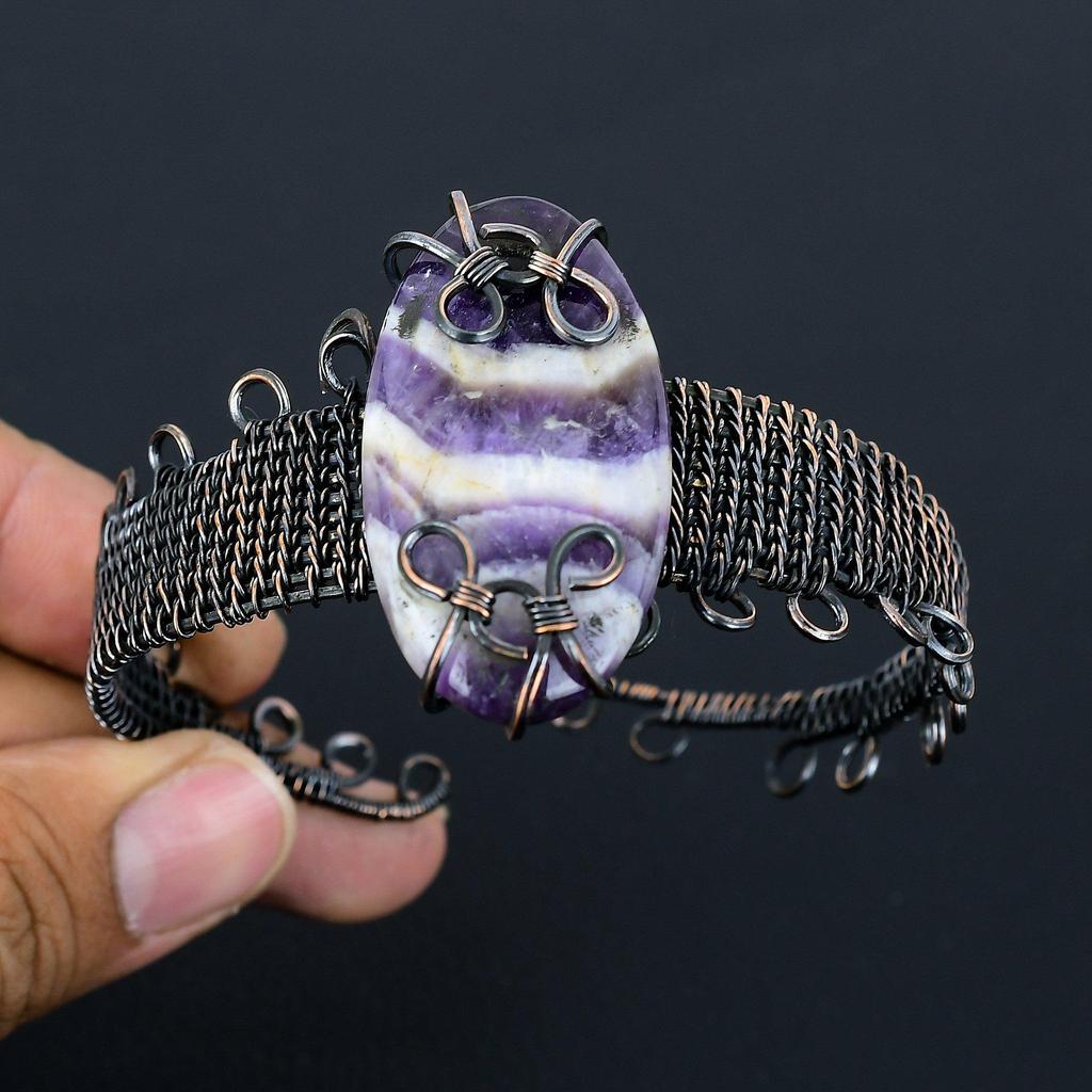 Sage Amethyst Gemstone Pure Copper Wire Wrapped Handmade Cuff/ Bangle Jewelry For Gift
