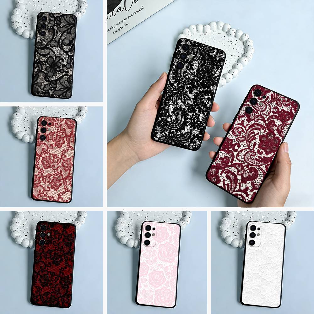 L-Lace Print Pattern Phone Case For Samsung S25,S24,S21,S22,S23,S30,Ultra,S20,Plus,Fe,Lite,Black Soft Silicone