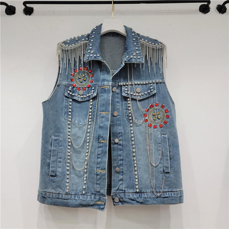 Thailand tide brand autumn new heavy industry chain denim vest women s hot diamond beads loose casual denim top M синий