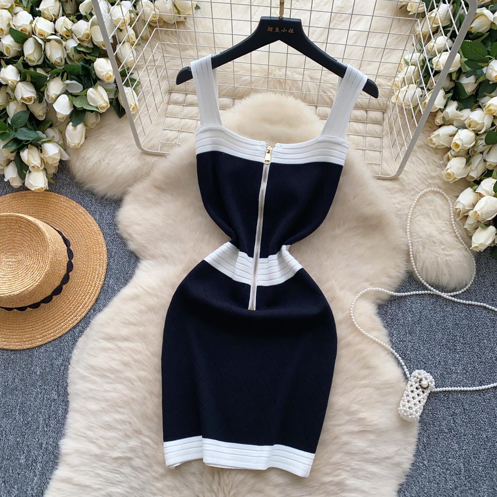 Robe mini tricotée pour femme, sans manches, motif de tempérament, bloc de couleurs, fermeture éclair, slim, élastique, été