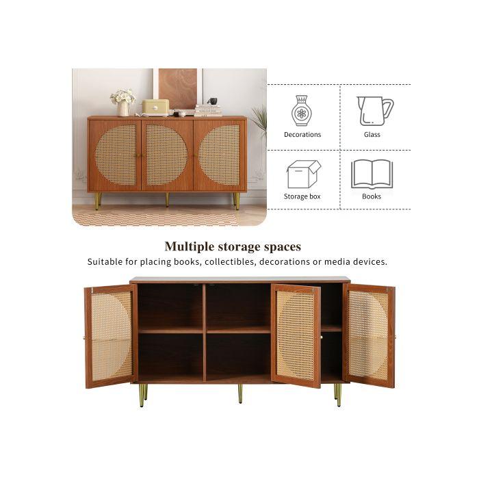 Buffet avec 3 portes en rotin Grande commode avec poignées en métal, noyer 129.8x40x76 cm