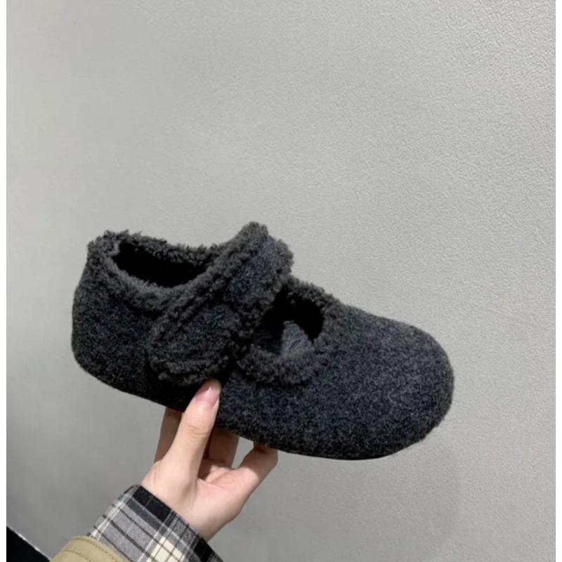Fashion Thick Soled Fleece Flet Ballet Flats Woman Winter Warm Wool Mary Jane Shoes Ladies Brand Design Elegant Plush Loafers