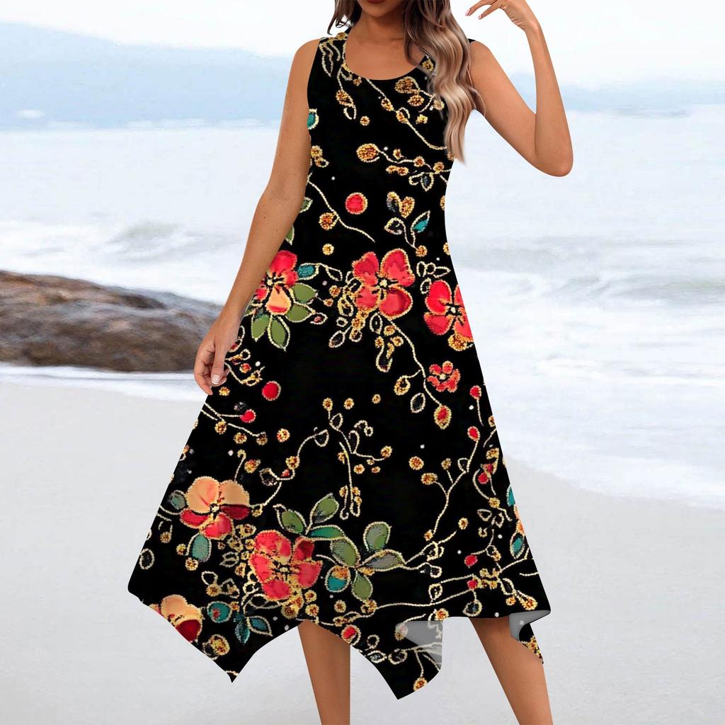 Women's Casual Fashion Round Neck Sleeveless Floral Print Irregular Hem Midi Dress
