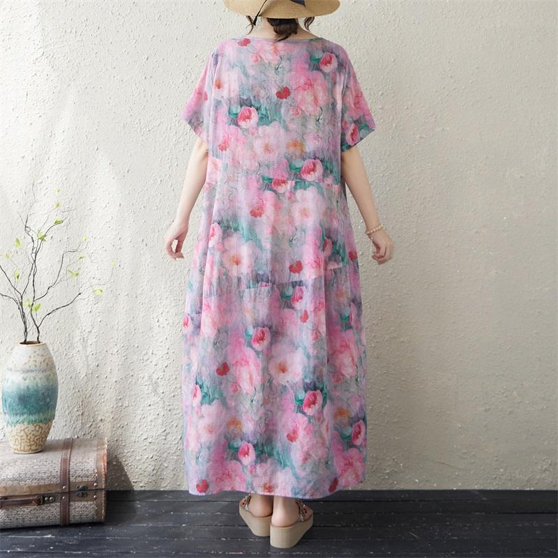 Kurzarm Plus-Size-Baumwolle im Vintage-Stil mit Blumenmuster, neu in Kleidern für Damen, lässiges, lockeres, langes Sommerkleid