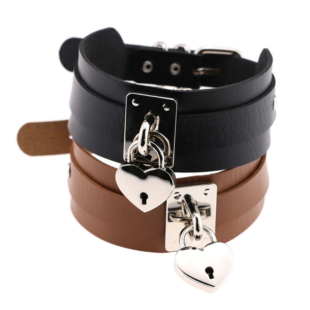 Heart Choker Necklace For Women lock Collar Leather Chockers Goth Punk Jewelry