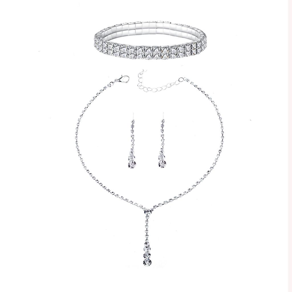 Bridesmaids Ball Outfit Rhinestone Jewelry Set Bridal Wedding Metal Zircon Water Drop Wave Necklace Earrings Bracelet