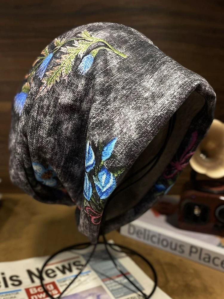 Autumn Winter Floral Print Fashion Knitted Beanie Hat Woman Ethnic Style Fashion Elegant Skull Cap Soft Elastic