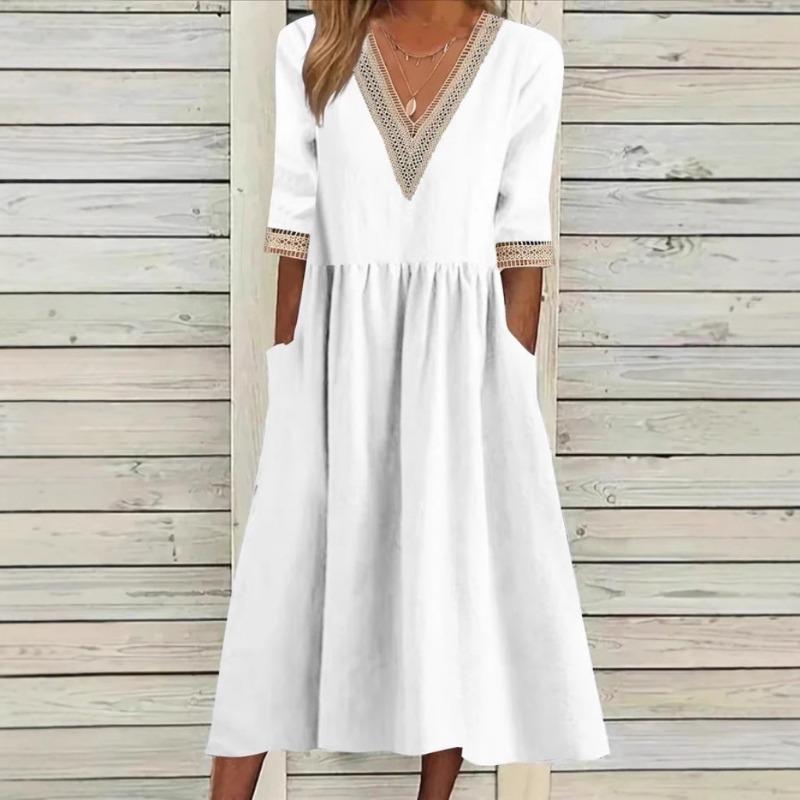 Mote V-hals Stor Størrelse Kort Erm Sommerkjole Kvinner Elegant Løs Kontor Casual A-linje Selskapsblonderkjoler Ensfarget Dame Plissert Hul Bekledning