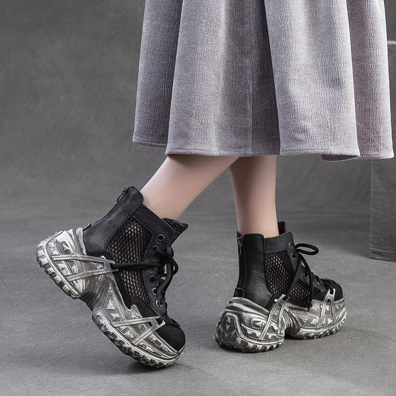 Johnature Vintage Genuine Leather Splicing Mesh Breathable Hollow-out Boots Women's Platform Shoes