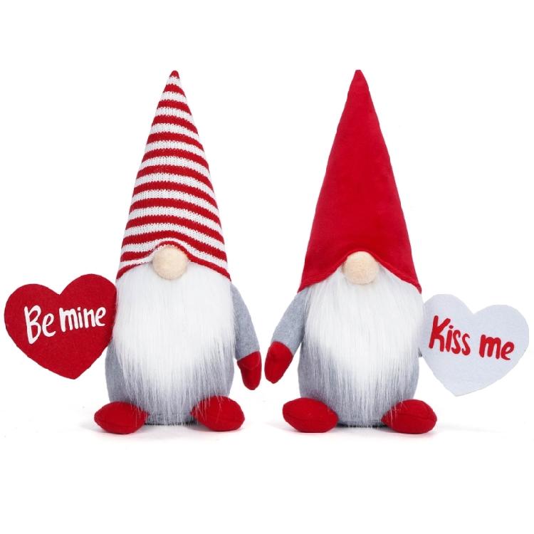 Sweet Love Heart Gnomes Elf Plush Dolls with Striped Hat Stuffed Dwarf Figurine Ornament for Couples Valentines Gift