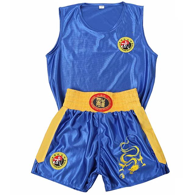 Unisex Wushu Clothing Kung Fu Uniform Kids Sanda Wu Shu Clothes Martial Arts Set Boxing Shorts Suit With Embroidered Dragon
