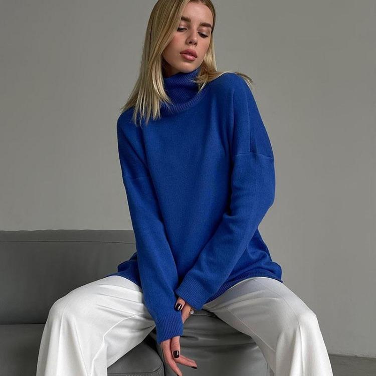 Women Casual Solid Color High Neck Knitted Sweater Long Sleeve Tops Autumn Winter