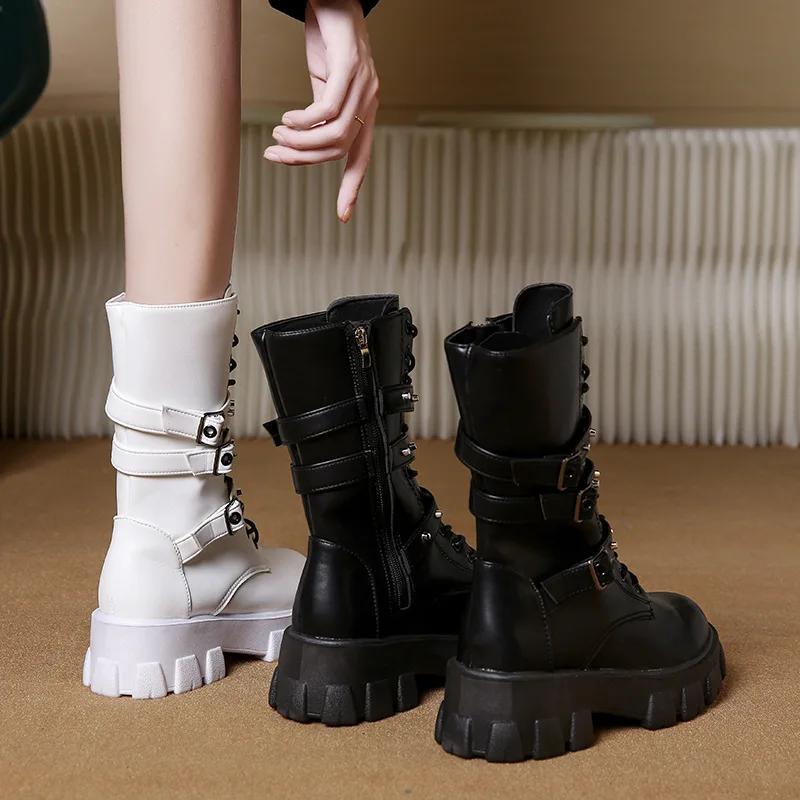 women new thick soled boots Outdoor fashion anti slip shoe Round head belt buckle locomotive boot Casual comfort ladies shoes