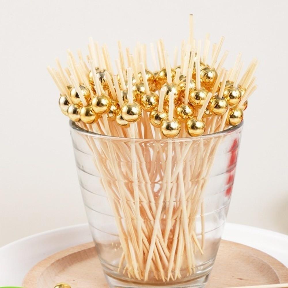 100pcs 12cm Length Bamboo Food Picks Versatile Disposable Pearl Fruit Picks Snack Fork Skewer Toothpick Skewer Cake Dessert