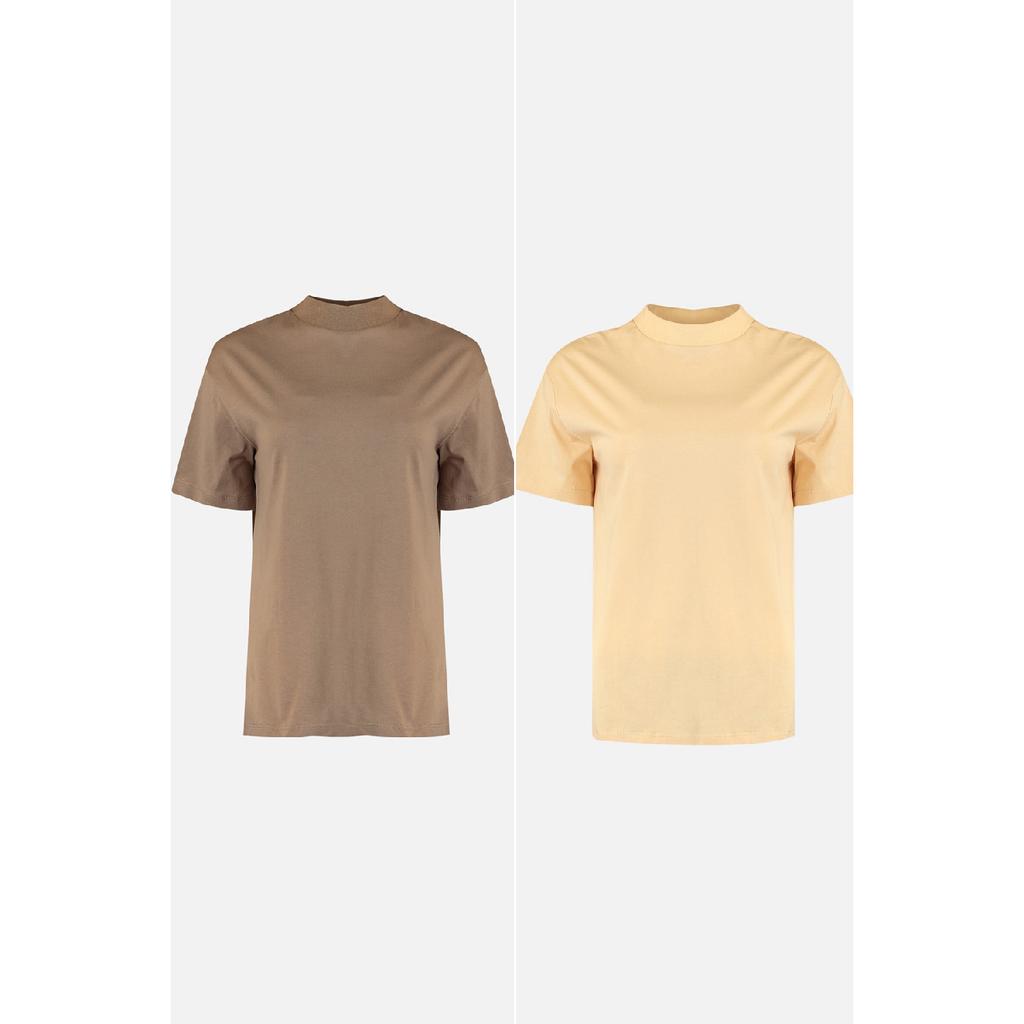 Weiß-schwarzes 2er-Pack Basic-Strick-T-Shirt mit Stehkragen aus 100 % Baumwolle Twoss20ts1500